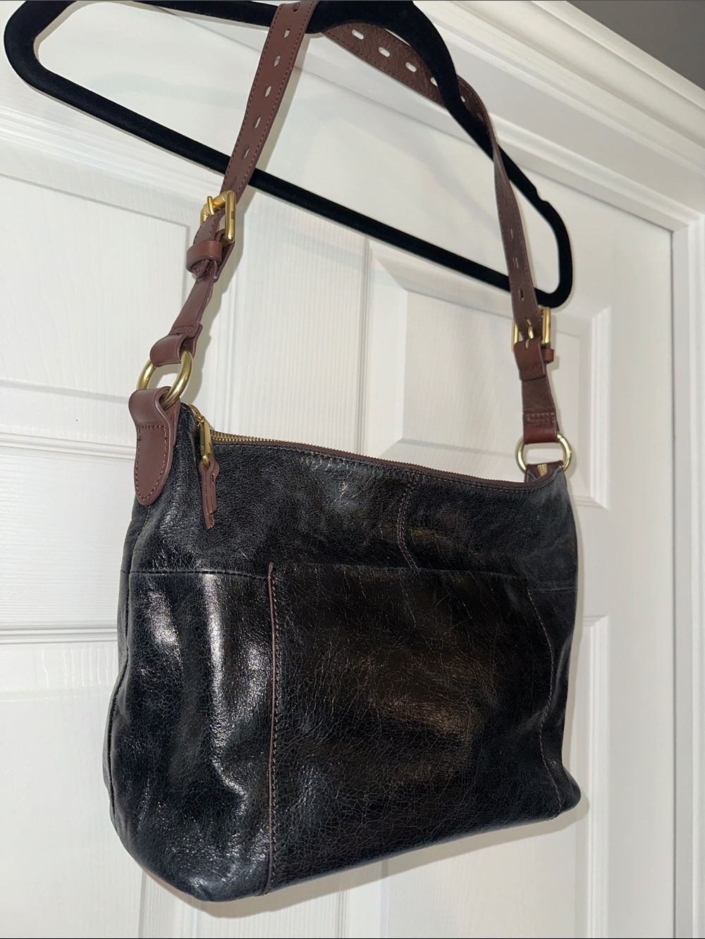 HOBO Charlie Black Leather Bag with Brown Strap and Gold Hardware